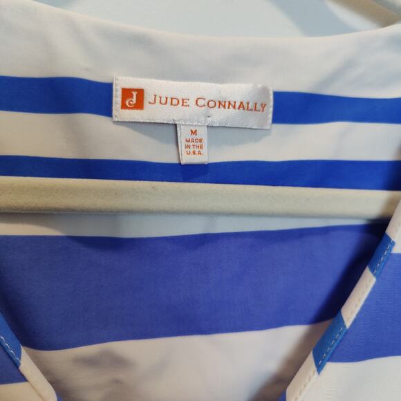Jude Connally Sz M Blue White Stripe Ponte Stretch 1/2 Sleeve Shift Sheath Dress - Picture 3 of 5